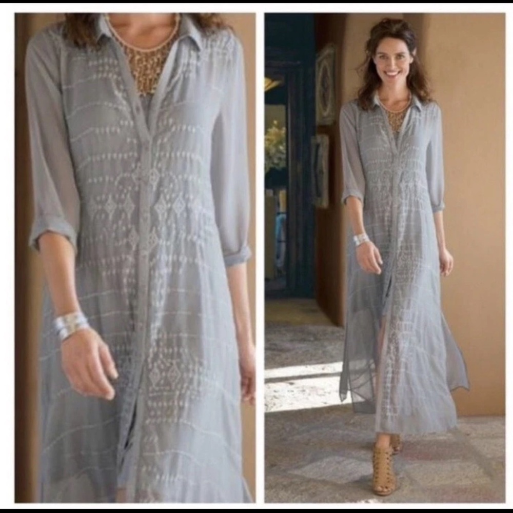 Soft Surroundings Ibiza Georgette Embroidered Maxi Dress Mountain Mist size XXS